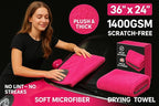 Microfiber Car Drying Towel 36"x24" – 1400 GSM Twisted Yarn, Ultra Absorbent, Scratch-Free, Machine Washable – Bonus 12"x12" Detail Towel, Pink/Gray