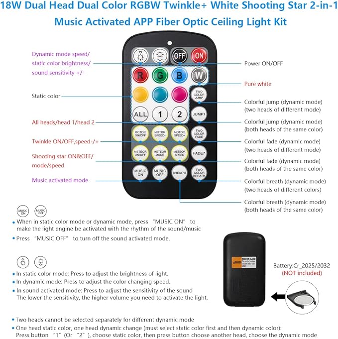 AKEPO 18W Dual Color Twinkle Shooting Star 2-in-1 Fiber Optic Light Engine Replacement, RGBW Bluetooth APP Control + Music Sync Mode + 28-Key Remote Control for Car Home Starlight Headliner