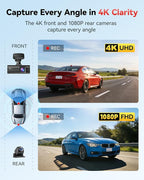 REDTIGER F7N-N 4K Front and Rear Dash Cam, 5.8GHz WiFi-20 MB/s Fast Transfer with APP, 2160P/FHD Car Dash Camera with Precise GPS, WDR, 3.18" Screen, Night Vision, 24H Parking Mode(No Card Included)