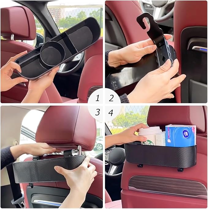 BELOMI Car Headrest Backseat Organizer with Cup Holder, Seat Back Hanging Storage Box with Hooks, Multi-Functional Drink Pocket Food Snack Phone Tray for Kids, Car Travel Accessories (Red)