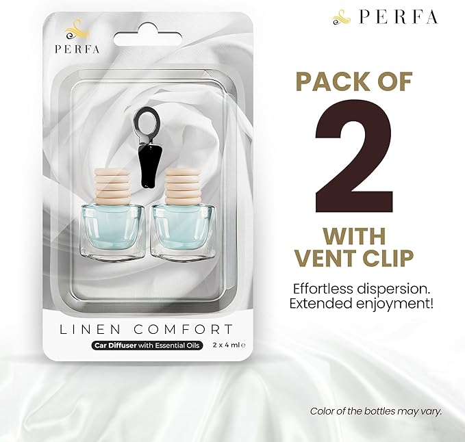 Fresh Linen Car Air Freshener | Hanging Car Freshener with Vent Clip | Long Lasting Fragrance, Slow-Release Aroma Technology, Adjustable Scent Intensity | Scented Interior Accessories by Perfa