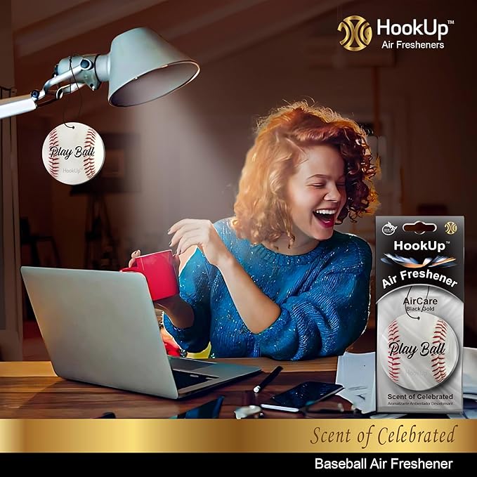 Baseball Car Air Freshener by HookUp - 2 Pack - Black Gold Scent (Extra Strong) | Unique Baseball Gift for Players, Coach, Fans | Hanging Car Accessory with Long Lasting Fresheners Smell