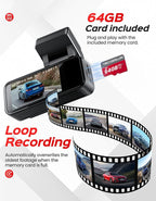 TECXLERON Dash Cam, 4K Full HD Dash Camera for Cars, Built-in GPS and Wi-Fi, 64GB SD Card Included, 160° Wide Angle Lens, Night Vision, G-Sensor, Loop Recording, 24H Parking Monitor