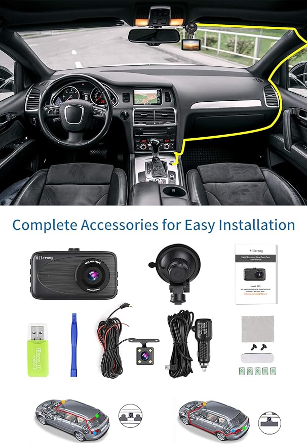 Milerong Dash Cam Front and Rear with Night Vision, Mini 1080P FHD Dash Camera for Cars, G-Sensor, Loop Recording, Parking Monitor, Motion Detection,WDR