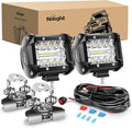 Nilight 2PC 4Inch Triple Row Lights 60W Flood Spot Combo 6000LM Bar Driving Boat Led Off Road Trucks with Adjustable Pillar Hood Mount Bracket Clamp Holder and Wiring Harness Kit