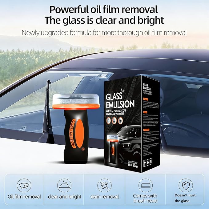 Glass Guard, Glass Oil Film Remover for Car, Glassy Emulsion Cleaner Roll-On Glass Compound with Cleaning Board, Removes Oil Film & Smudges, Improve Windshield Clarity for Safe Driving (100ml+Brush)
