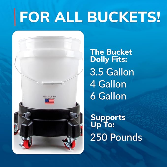 Grit Guard Bucket Dolly with Wheels - Rolling Detailing Wash Bucket with 5 Wheels and 2 Locking Casters Compatible with 2.5, 4, 5 and 6 Gallon Buckets (Red, 3" Red Casters)