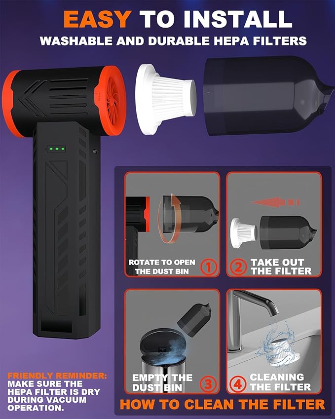 Tool-grade Electric Air Duster, Rechargeable Handheld Blower with 180,000 Super Power Brushless Motor, 2-in-1 Blow & Vacuum Cleaner, Cordless Leaf Blower for Car Drying, Home, Patio Cleaning (Black)