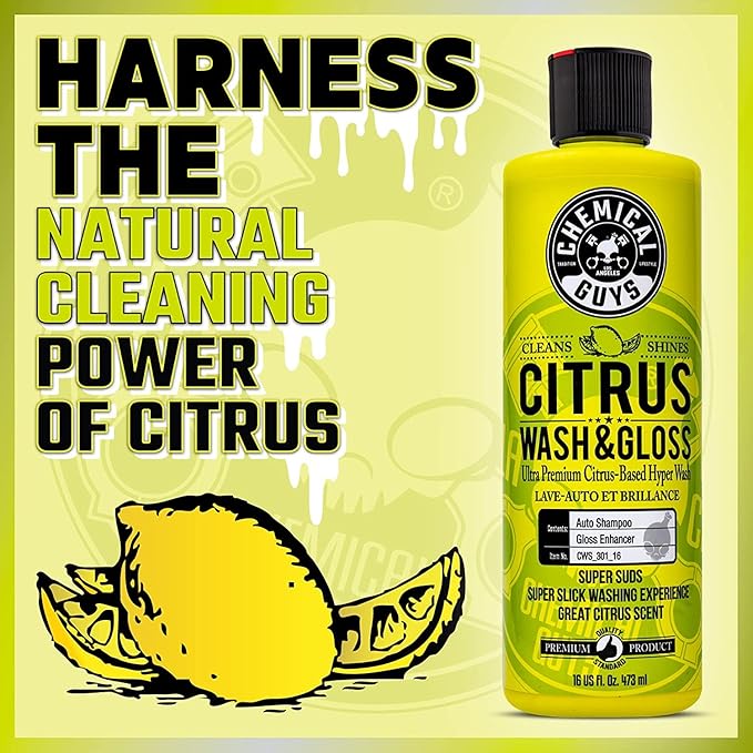 Chemical Guys CWS_301_16M Car Wash Starter Bundle - Citrus Wash & Gloss Foaming Car Wash Soap, 16 oz, Citrus Scent + Green Chenille Wash Mitt (2 Items) Works on Cars, Trucks, SUVs, RVs & More