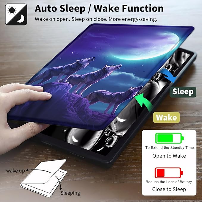 Case for 7" Kindle Paperwhite 12th Generation 2024 & Kindle Colorsoft Signature Edition 2024,360 Degree Rotating Swivel Leather Stand Folio Cover with Auto Wake/Sleep,Moon Blue Wolf