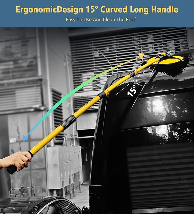 YeewayVeh Car Wash Brush Mop with Long Handle, 55" Car Wash Brush with 2 Replaceable Microfiber Mop Heads, 15° Curved Extension Pole Auto Cleaning Wash Kit for Truck SUV RV Camper, Yellow