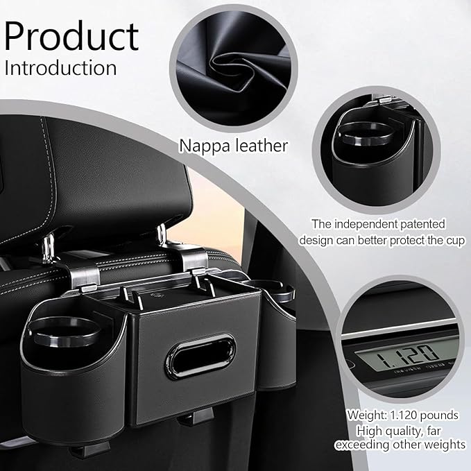 4-in-1 Back Seat Car Organizer – Premium Nappa Leather Storage Caddy with Cup Holder, Tissue Dispenser & Phone Pocket for Kids & Travel | Universal Fit for SUVs, Vans & Cars (Black)