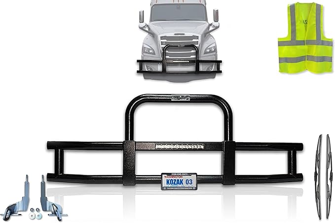 KOZAK Compatible with Freightliner Cascadia 2018+ Front Grille Deer Moose Brush Guard - Black Finish w/Built-in 16" LED Bar PLUS Mounting Brackets, Logo, License Plate Holder and Frame, Wipers, Vest