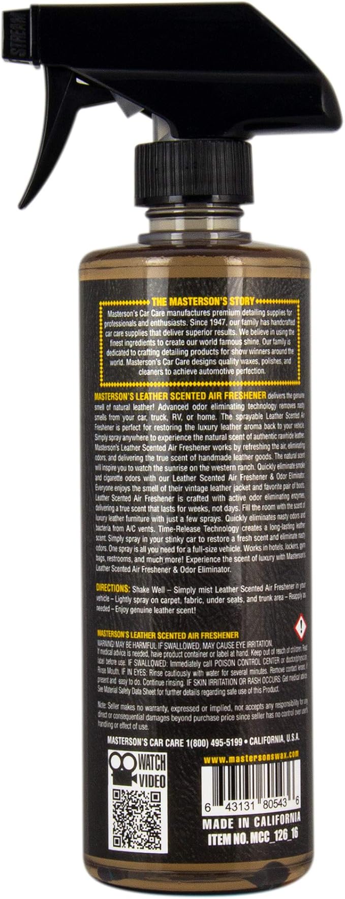Masterson's Car Care MCC_126_16 Leather Scented Air Freshener & Odor Eliminator - Luxury Sprayable Scent For Cars, Trucks, Hotels, Home, and Office - Removes Smoke and Pet Odors (16 oz) Brown