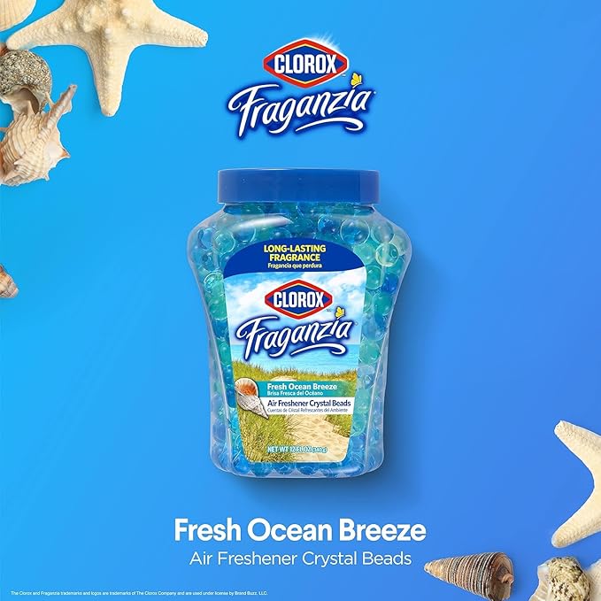 Clorox Fraganzia Crystal Beads Air Freshener, Long Lasting Room Deodorizer and Odor Eliminator Gel Beads to Freshen Home, Car, or Office, Fresh Ocean Breeze Scent, 12 Fl Oz - 12 Pack