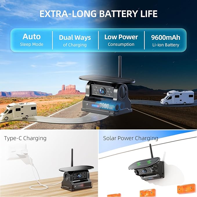 eRapta Dual Magnetic Solar Wireless Backup Cameras: HD1080P 7” Touchscreen Portable with DVR, BSD, 1-Min Install-Free IR Night Vision Hitch Backup Camera for Trailer/Truck/Small RV/Camper/Tractor