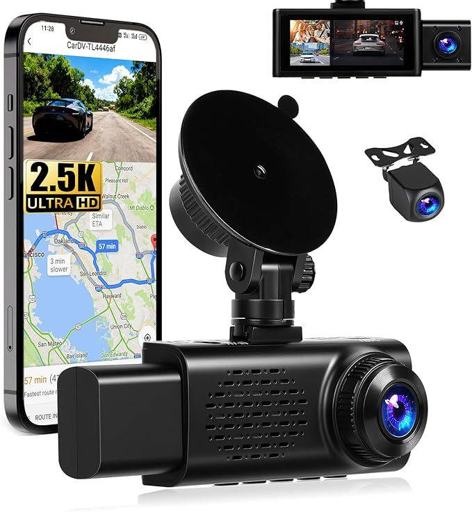 3 Channel 2.5K Dash Cam with WiFi & APP Control, 2.5K+1080P+1080P Front Inside and Rear, Triple Dash Camera with G-Sensor, 24 Hours Parking Mode, Loop Recording, Night Vision