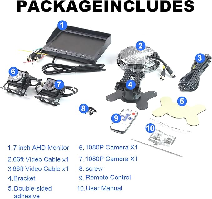 Dual Backup Camera 7" Split Monitor with 32G SD Card Kit, AHD 2 Channels Split Screen with 32G Recording, Reversing Camera IP69 Waterproof Front & Rear View Camera for Truck Trailer Semi-Trailer Box