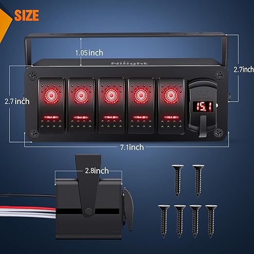 Nilight 5 Gang Rocker Switch Box 12V SPST ON Off Toggle Switches PD Type C and QC 3.0 USB Charger Voltmeter LED Light Waterproof Aluminum Mount Bracket Panel DIY Stickers for Boat Car RV Truck