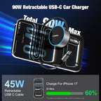 Retractable Car Charger USB C, 90W Phone Cigarette Lighter Adapter USB-C Fast Charging Plug Car Accessories for iPhone 17 16 15 Pro Max, iPad, Android, Built-in Type-C Cable, Gifts for Women Men