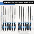 SOWKIPE 13Pcs Premium Small File Set, 6 Diamond Files, 6 Steel Files, Cleaning Brush & Carrying Case for Wood, Plastic, Jewelry, Leather, DIY
