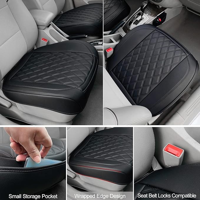 BEITK,2 Pack Leather Front Car Seat Cover Bottom Car Seat,Anti-Slip and Full Wrap Driver Car Seat Protectors Storage Pocket,Luxury Waterproof Bottom Auto Seat Cushion Pad MatMost Vehicles(Black)