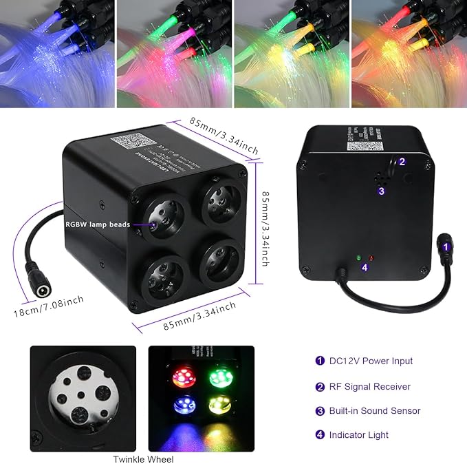 AZIMOM 4Port 36W Twinkle 2000pcs 0.03in 13.1ft Fiber Optic Starlight Headliner Kits 4Colors Light Source Sound Activated Remote APP Control Home Indoor Ceiling Car Headliner Decoration