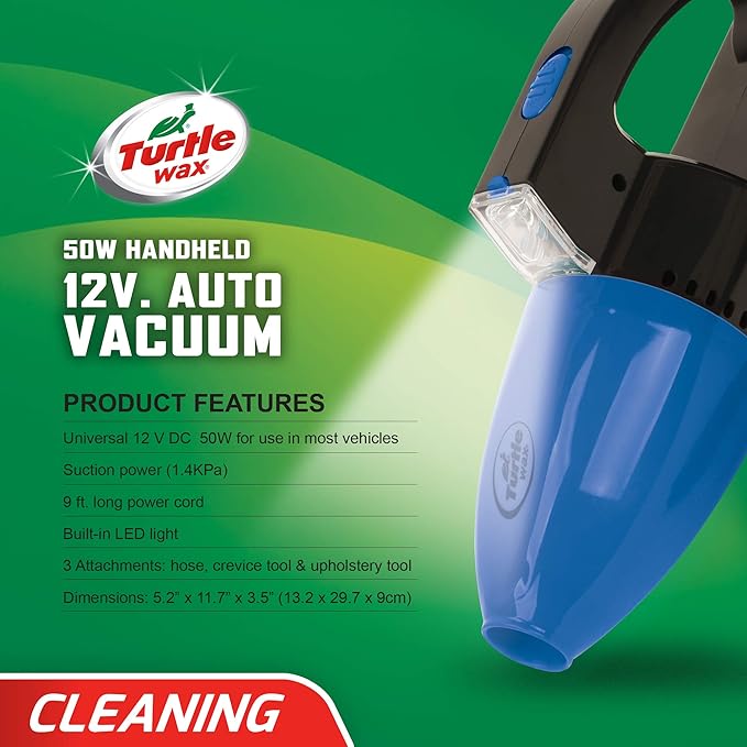 Turtle Wax Handheld Auto Vacuum Cleaner with LED Light, DC 12V (Vehicle Use Only), Blue/Black