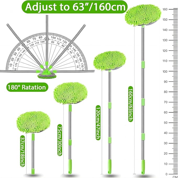 WillingHeart 63" Car Wash Mop Brush Tool Mitt with Long Handle Length More Suitable for Washing Cars Truck, SUV, RV, Trailer, 2 in 1 Chenille Microfiber Duster Not Hurt Paint Scratch Free, Green