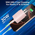 iPhone 17 16 15 Charger Fast Charging 10FT Cable, 30W USB C Charger Block for i Phone 15 16 16e 17 Air Plus Pro Max/iPad Pro/AirPods, PD USBC Power Adapter Wall Plug & Type C to C Cord (Pink, 10FT)