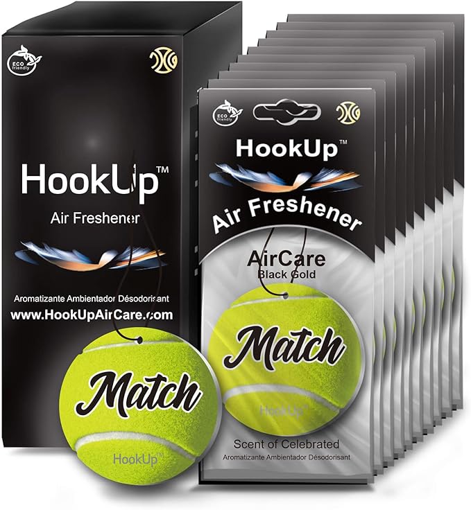 Tennis Car Air Freshener by HookUp - 10 Pack - Black Gold Scent (Extra Strong) | Unique Tennis Gift for Players, Coach, Fans | Hanging Car Accessory with Long Lasting Fresheners Smell