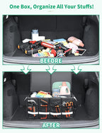 Oasser Trunk Organizer Cargo Organizer Trunk Storage Waterproof Collapsible Durable Multi Compartments with Foldable Hard Cover Aluminium Alloy Handle Reflective Strip (Large, Black)