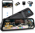 4K Mirror Dash Cam, Front and Rear View Mirror Dual Cameras for Cars with 64G Card GPS BSD 9.66 inch HD Rear View Mirror WiFi App Control Night Vision G Sensor Loop Recording Parking Monitoring