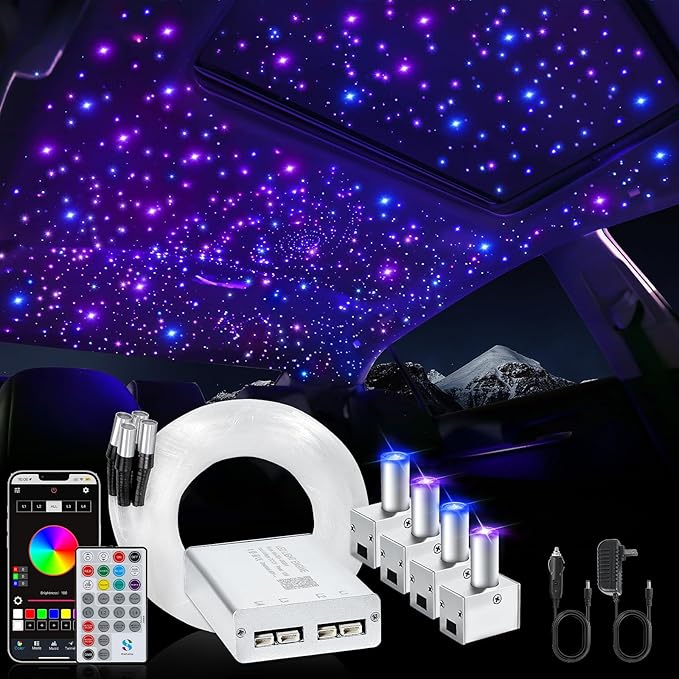Split 4 Colors 12W Car Starlight Headliner Kit 700pcs*0.02in*9.8ft with APP&RF Remote,RGBW Fiber Optic Strands Star Roof Lights,4 Port Engine Sound Activated Star Ceiling Lights for Car/Home Decor