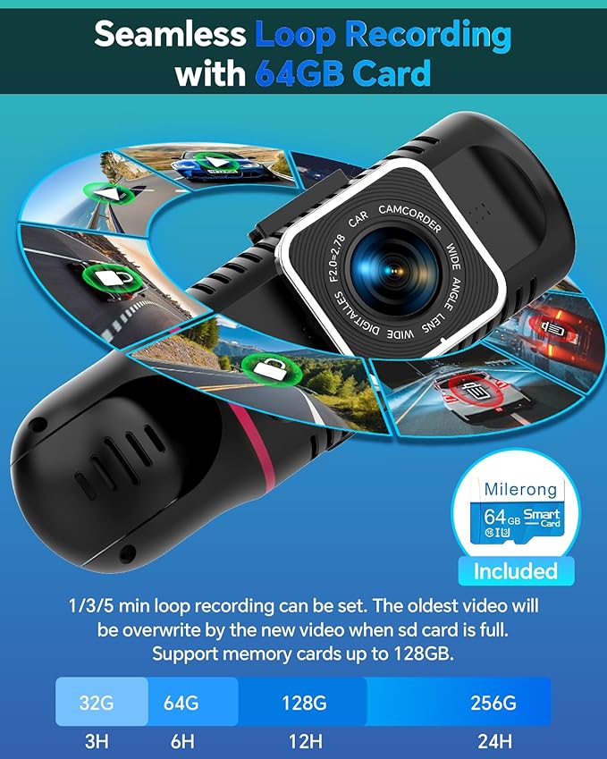 Dash Cam Front and Rear Inside 3 Channel, 1080P Dashcam with 64GB Card, Dash Camera for Cars with 24H Parking Monitor, Super Night Vision, Loop Recording, G-Sensor, WDR, 2.3" Screen for Taxi