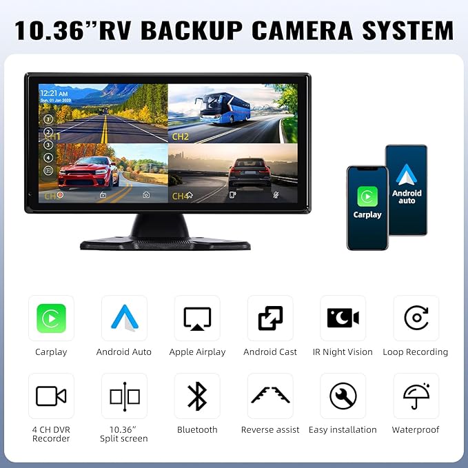 1080P Backup Camera System Kit with CarPlay,10.36" Touch Screen Reversing Monitor with Record Function,Night Vision DVR,IP68 Waterproof,Reverse/Side View Camera for RV/Semi Box Truck(12-36V)