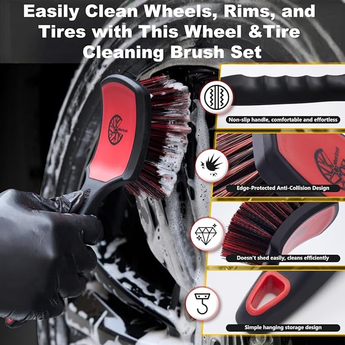 Car Wheel & Tire Brush Set, 2Pack Tire Brush and Wheel Rim Brush, Soft & Stiff Bristle Wheel Cleaner Brushes, Scratch-Free Car Wheel Brush Kit for Cleaning Wheels, Tires, Cars, Trucks