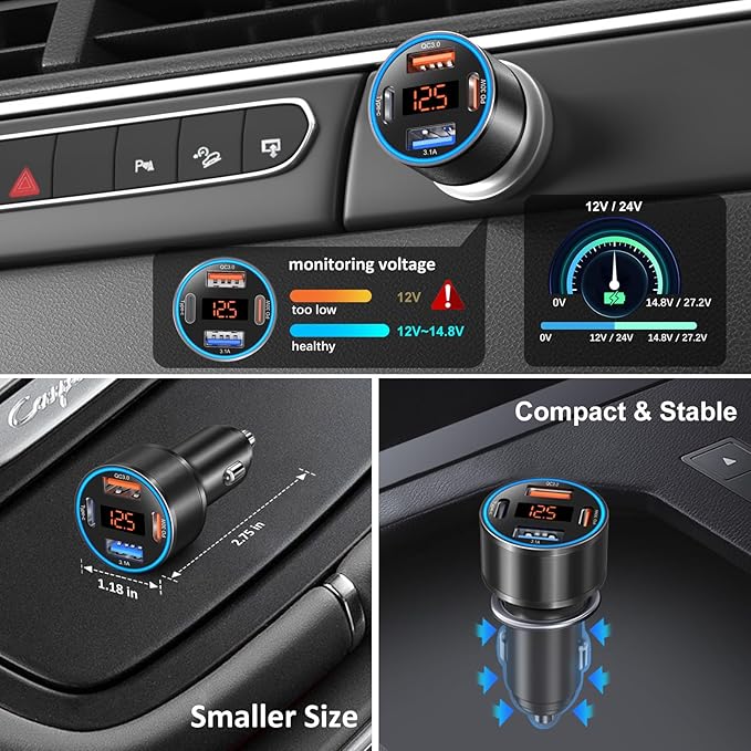 5 Pack Car Charger USB C, 65W Multi Port Dual 12V Cigarette Lighter USB Car Charger Adapter with Voltmeter PD/QC 3.0 Super Fast Charge Car Phone Charger for iPhone 17 16e 15 14 Pro Max Galaxy Android
