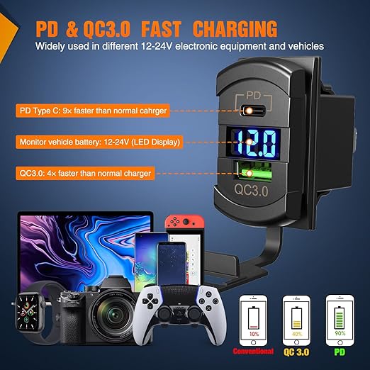Nilight 6 Gang Rocker Switch Panel with PD Type C and USB Charger Voltmeter 12V SPST ON Off w/Blue Backlit Waterproof Aluminum Toggle Switches for Boats Cars RVs Trucks