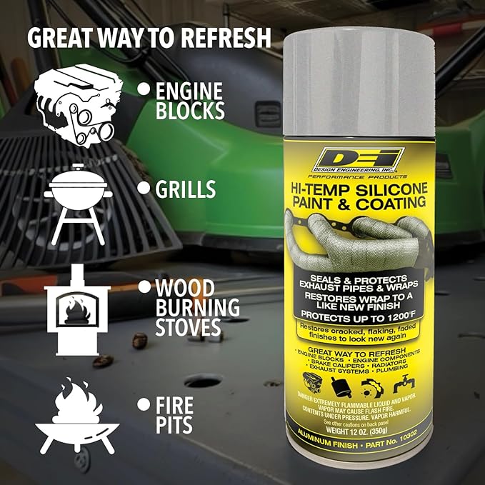 Design Engineering High-Temperature Aluminum Silicone Coating Spray – Heat-Resistant Protective Sealant for Exhaust Wraps, Engine Parts, Headers, and Manifolds