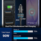 2 Pack 90W USB C Car Charger Super Fast Charging for iPhone 17 Pro Max/Air/16/15/iPad, Samsung S26 Android Phone, Dual 45W PD Port Auto Accessories, 12V Cigarette Lighter Adapter + 3.3 ft Type C Cord