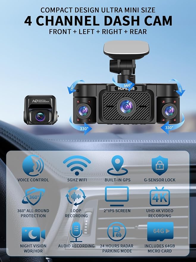 Dash Cam Front and Rear Inside, 360° Dash Camera for Cars 4 Channel 2K FHD Mini Dashcam, Car Camera Built-in WiFi GPS, Free 64G Card, Voice Control, Night Vision WDR/HDR, 24/7 Parking Mode V50-4CH