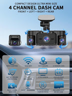 Dash Cam Front and Rear Inside, 360° Dash Camera for Cars 4 Channel 2K FHD Mini Dashcam, Car Camera Built-in WiFi GPS, Free 64G Card, Voice Control, Night Vision WDR/HDR, 24/7 Parking Mode V50-4CH