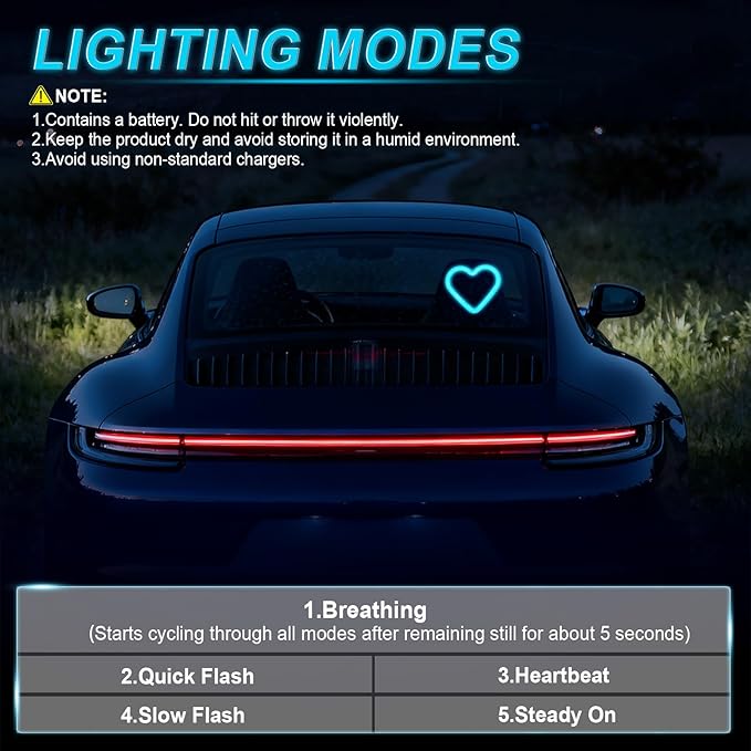 iFunyLED Car LED Interior Lights, Heart-Shaped Ambient Light for Windows, 5 Lighting Modes, Charging Through Type-c and Solar Energy, Car Decorations for Women Men, Pack of 2, (Ice Blue)