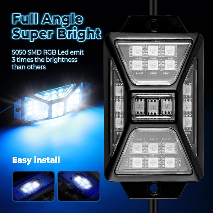8 Pods Full Angle RGB Rock Lights Compatible with 12V Trucks Jeep UTV SUV ATV Boat Golf Cart, Waterproof, Multi-Color,Brake Light, App/Remote Control Led Rock Lights with Music Mode(Patented)