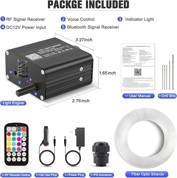 16W Twinkle Starlight Headliner Kit, 500pcs of (0.03+0.04+0.06in)*9.8ft Fiber Optic Strands Bluetooth APP/Remote/Music Control, RGBW Star Ceiling Light Kit+Adapter+Car Use Plug for Car