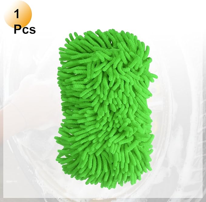 HARFINGTON Car Wash Sponge 9.1" x 4.7" Chenille Microfiber Mitt Scratch-Free Absorbent Scour Scrubber Cleaning Sponge for Washing Detailing on Cars, Trucks, SUV, Boats, RVs, Green