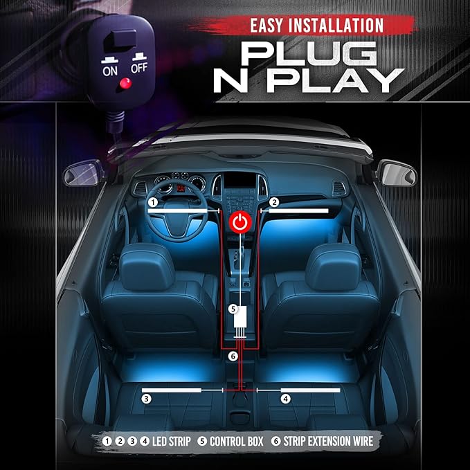 OPT7 Aura Interior Car Lights with Remote Control, 12V Music Sync Inside Ambient Lighting Kit, RGB Multicolor Under Dash Accessories, Neon Decoration Gifts, 4pc Single LED Strip