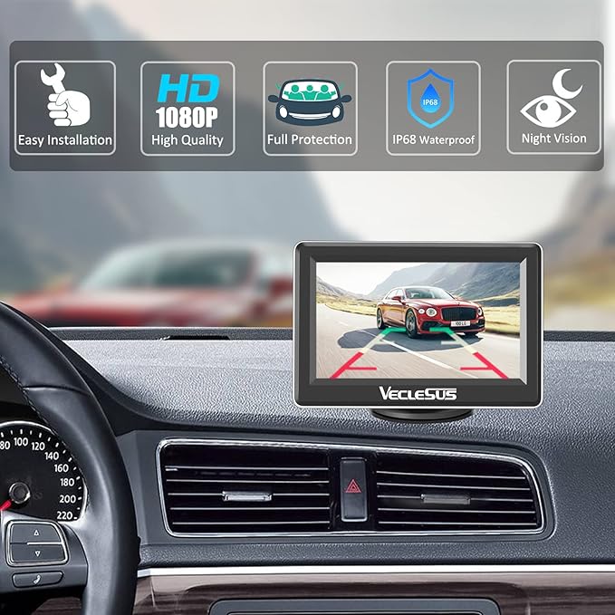 VM1 Wired Backup Camera Kit with 4.3” Monitor, 1080P License Plate Camera, IP68 Waterproof Night Vision, Reverse/Continuous View for Car, SUV, Pickup, Sedan, Truck, 33ft Cable