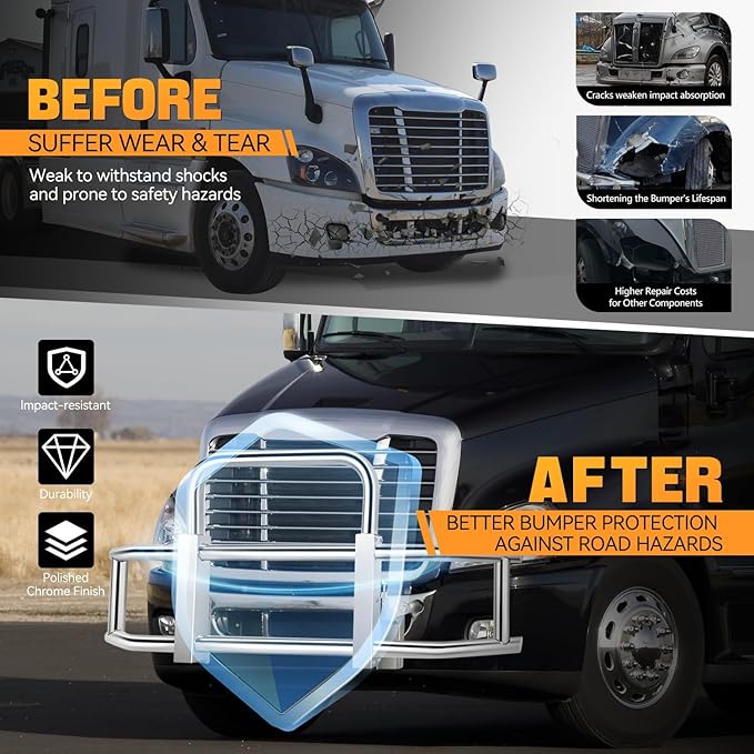 Auto Dynasty Front Bumper Brush Bull Bar Deer Guard Compatible with 2008-2017 Freightliner Cascadia, 3mm Thick Iron Tubing, Polished Chrome